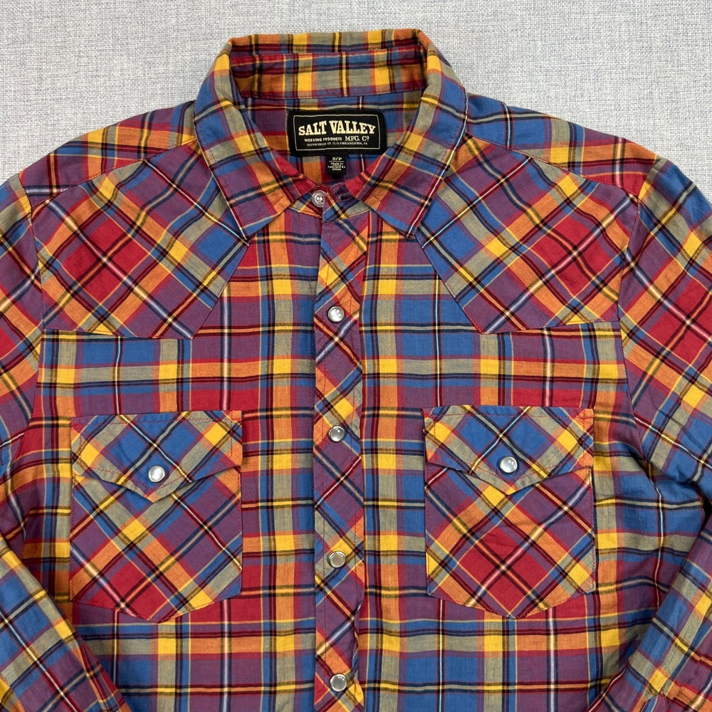 Salt Valley Western Pearl Snap Shirt Men Small Orange Blue Plaid Grimes REPAIRED